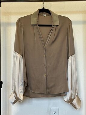 Elie Tahari Two-Tone Brown and Cream Satin-Sleeve Button Down